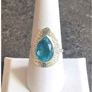 925 Sterling Silver Ring with Large 21.7mm Pear-Cut Blue Gemstone,‎ Size 8